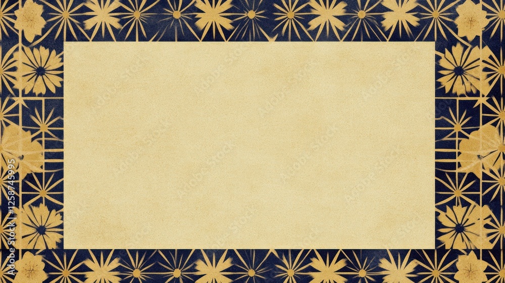 Obraz premium Elegant Floral Frame Beige Background Navy Blue Gold Flowers