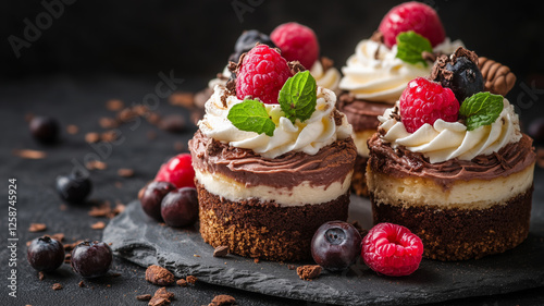 Indulgent dessert display featuring chocolate and berry delights
