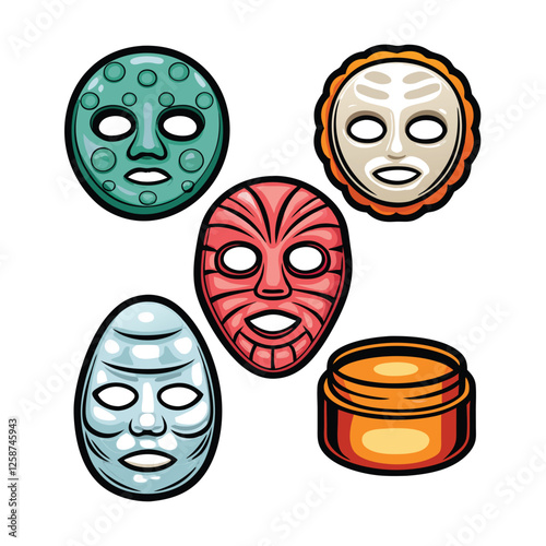 Create a vector illustration set showcasing diverse face masks surgical, N95, cloth, respirator, etc., with clear variations in color and design.  Include a close-up detail.