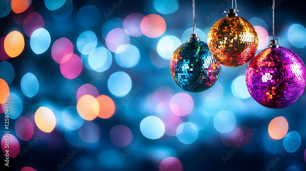 Fototapeta premium Colorful Christmas Ornaments Hanging Against Bokeh Lights
