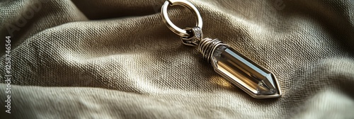 Silver keychain with a crystal pendant on a soft linen cloth photo