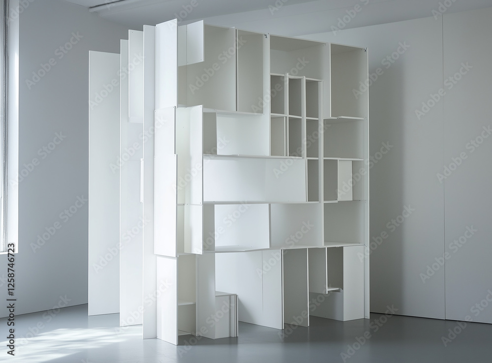 Fototapeta premium Interior layout of a wardrobe space with shelving. White is on the grey