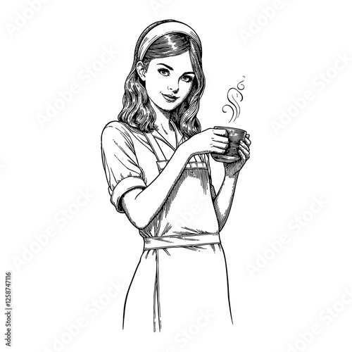 Barista Woman Holding a Cup of Coffee in Black and White Detailed Outline Line Art Drawing