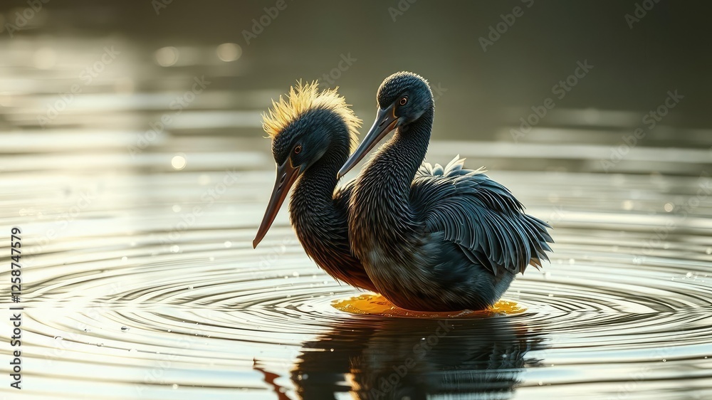 Fototapeta premium Feathers and beak glisten with dew on the water surface , water, surface