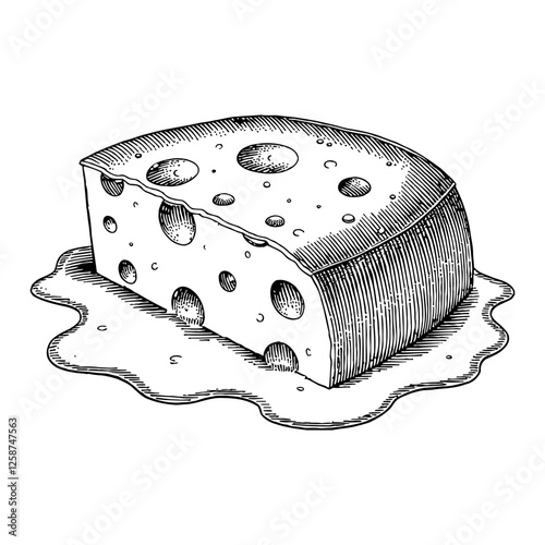 Cheese Block Melting Black and White Delicious Food Outline Line Art Drawing Illustration