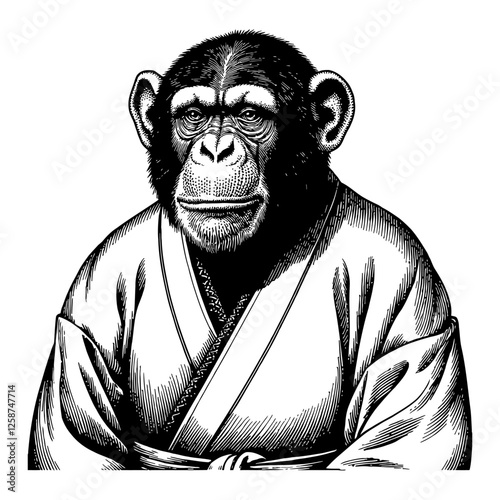 Chimpanzee Humanoid Animal Head Wearing Samurai Kimono Black and White Outline Line Art Drawing