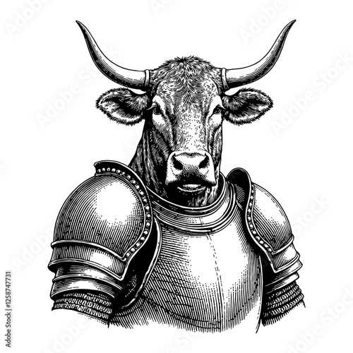Cow Humanoid in Medieval Armor Detailed Black and White Outline Line Art Drawing Illustration