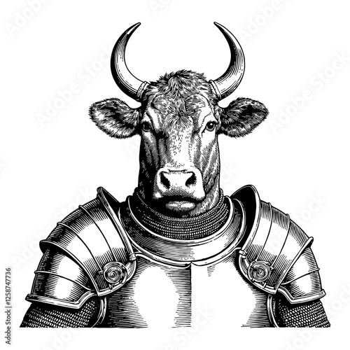 Detailed Cow Humanoid in Medieval Knight Armor Black and White Outline Line Art Drawing