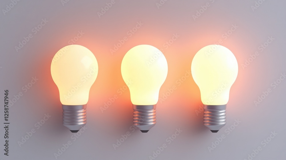 Three illuminated light bulbs showcase energy and illumination, highlighting the concept of ideas and creativity in a simple design.