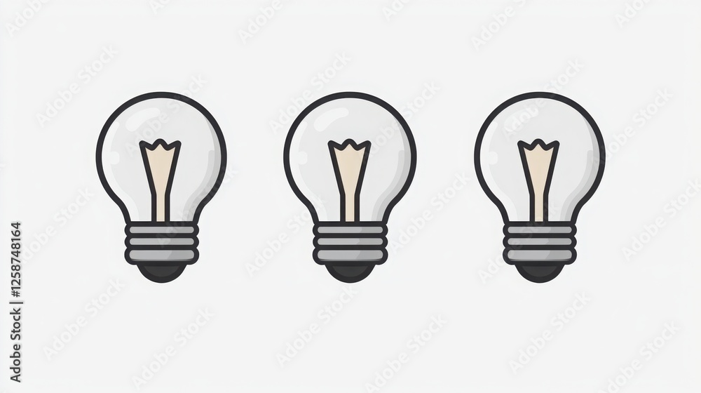 Three minimalist light bulbs, symbols of ideas and innovation, presented in a clean, white background, for creative project inspiration. Three minimalist light bulbs, symbols of ideas and innovation, presented in a clean, white background, for creative project inspiration.