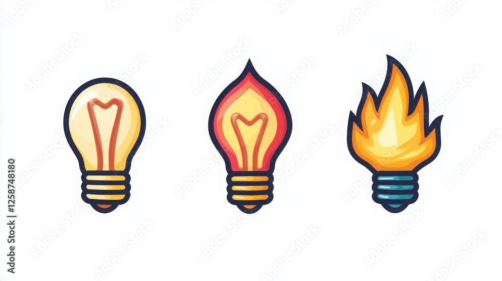 Depicts an evolution of an idea from a simple lightbulb to one with a flame, then to a full burst of fire. The icons show evolution Depicts an evolution of an idea from a simple lightbulb to one with a flame, then to a full burst of fire. The icons show evolution