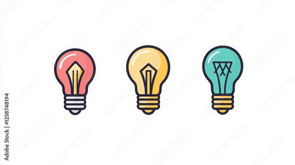 Three colorful lightbulbs representing new ideas, creativity, and bright inspiration against a clean white background. Brainstorming and innovation.