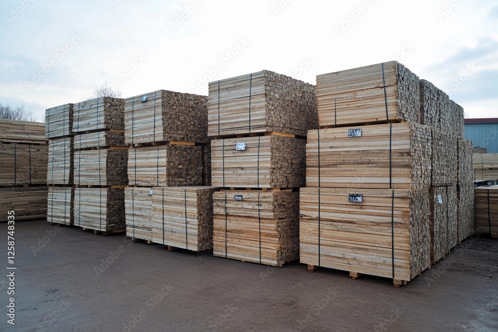 Stacks of freshly cut lumber awaiting transport at a lumberyard during twilight hours Stacks of freshly cut lumber awaiting transport at a lumberyard during twilight hours