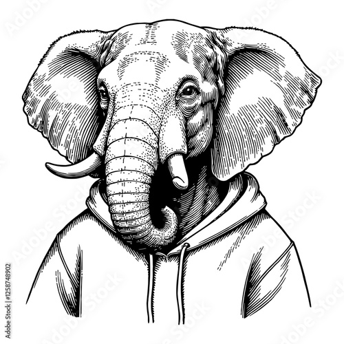 Elephant Humanoid Wearing Hoodie Detailed Black and White Outline Line Art Drawing