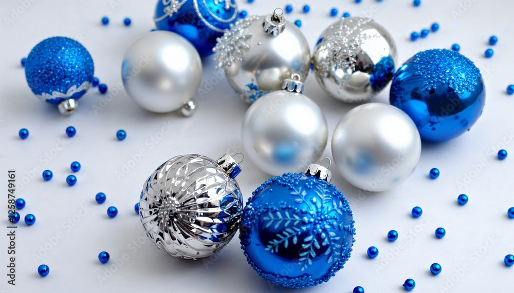 Adornos navideños en plata, blanco y azul dispuestos sobre una superficie blanca, con pequeñas cuentas decorativas azules esparcidas por todas partes Adornos navideños en plata, blanco y azul dispuestos sobre una superficie blanca, con pequeñas cuentas decorativas azules esparcidas por todas partes