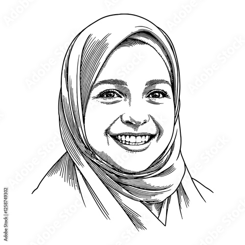 Smiling Girl in Hijab Detailed Portrait Black and White Outline Line Art Drawing Illustration