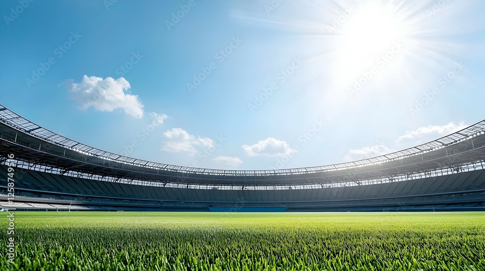 Fototapeta premium Bright Sunny Day at a Large Green Grass Soccer Stadium
