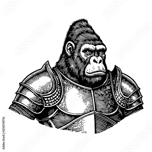 Detailed Gorilla Humanoid with Animal Head Wearing Knight Armor Black and White Outline Line Art Drawing