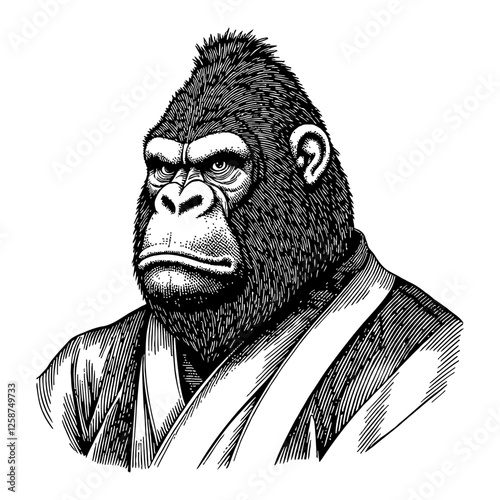 Detailed Gorilla Portrait in Samurai Kimono Black and White Outline Line Art Drawing 