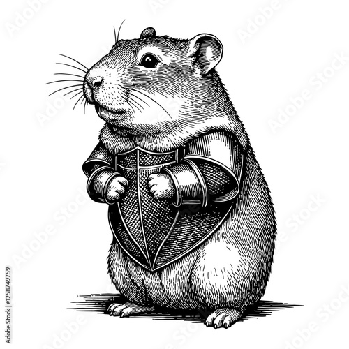 Hamster Humanoid Wearing Medieval Knight Armor Black and White Outline Line Art Drawing 
