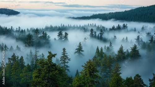 Misty Mountain Forest Enveloped In Soft Clouds