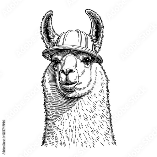 Llama with Construction Helmet Costume Detailed Black and White Outline Line Art Drawing
