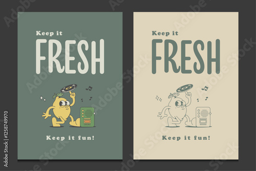 retro poster design with a cute lemon mascot character, vector illustration