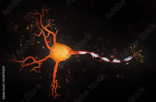 Neuron, nerve cell axon and myelin sheath substance that surrounds the axon detailed anatomy illustration. 3d illustration