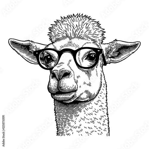 Llama Wearing Glasses Detailed Portrait in Black and White Outline Line Art Drawing Style