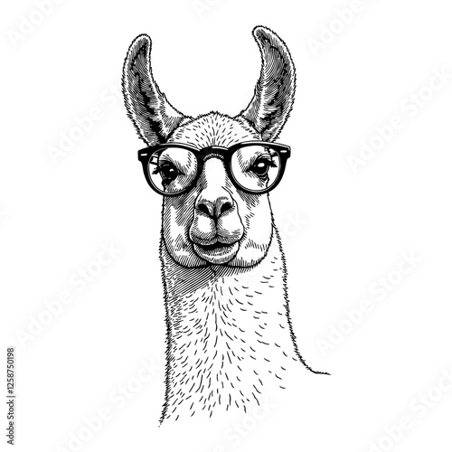Llama Wearing Glasses Portrait Detailed Black and White Outline Line Art Drawing Illustration
