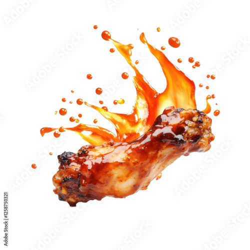 Hyper-Realistic Flame-Grilled Chicken Wing with Bold Spicy Sauce on Pure White Background: Crisp Contours, High Sharpness, HDR Detail from Commercial Studio Shoot. photo