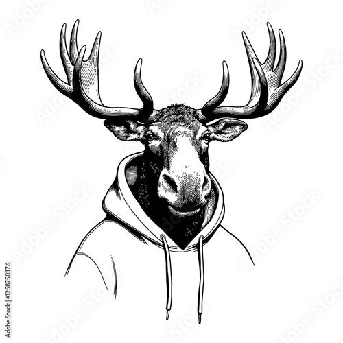 Moose Head Humanoid Wearing Hoodie Black and White Detailed Outline Line Art Drawing