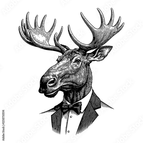 Moose Head with Tuxedo in Detailed Black and White Outline Line Art Drawing Illustration