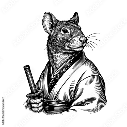 Rat Humanoid in Samurai Kimono Detailed Black and White Outline Line Art Drawing