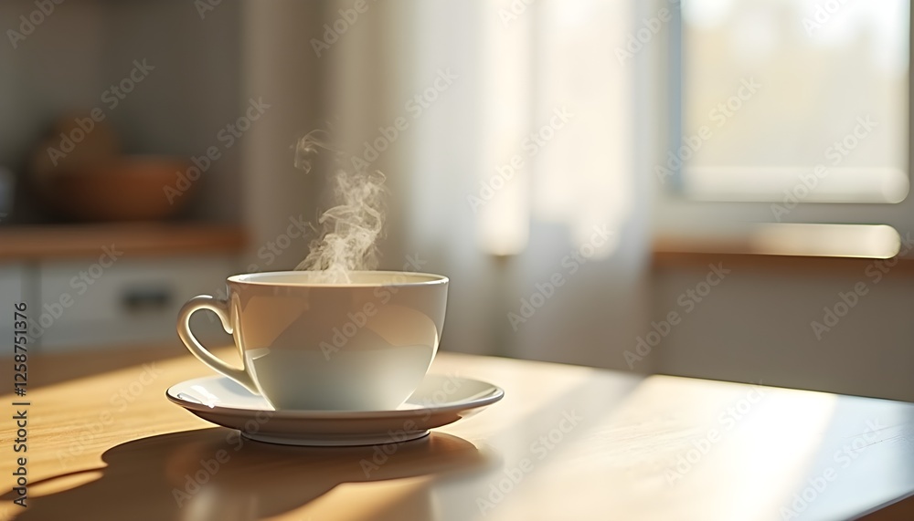 Steaming cup of coffee in bright morning sunlight Steaming cup of coffee in bright morning sunlight