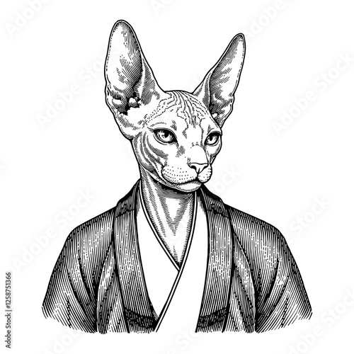 Sphynx Cat Humanoid with Animal Head Wearing Samurai Kimono Bust Up Black and White Outline Line Art Drawing