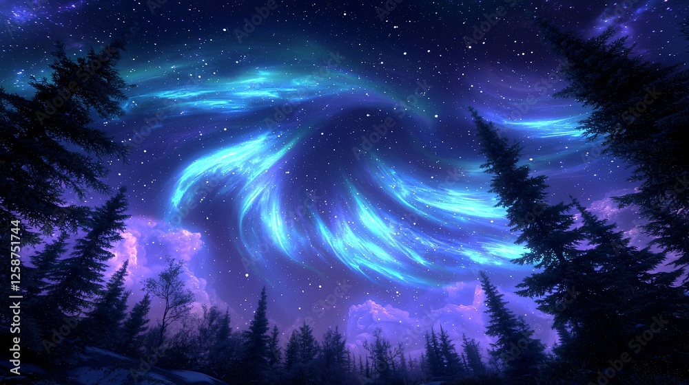 Aurora borealis over snowy forest at night Aurora borealis over snowy forest at night