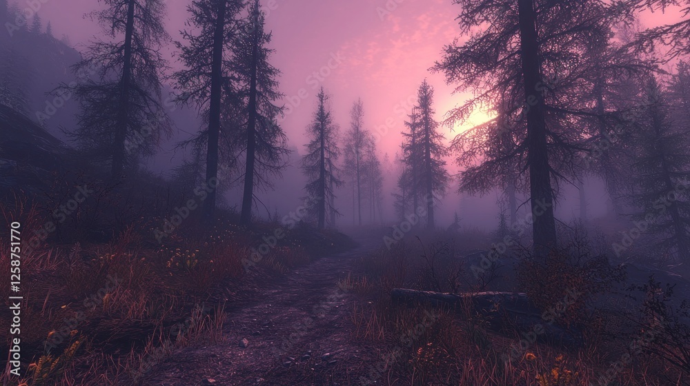 Obraz premium Misty Forest Path at Sunset with Tall Trees