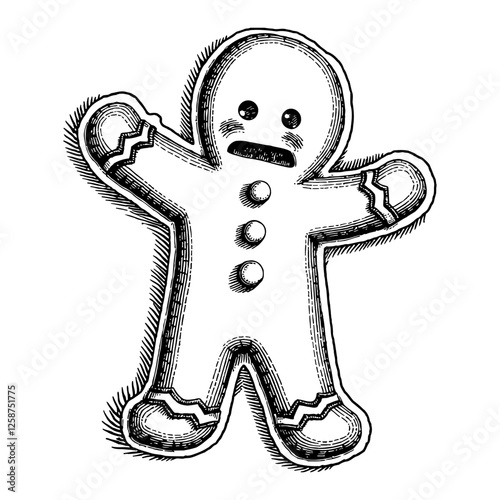 Gingerbread Man Crying with Buttons Black and White Outline Line Art Drawing Illustration