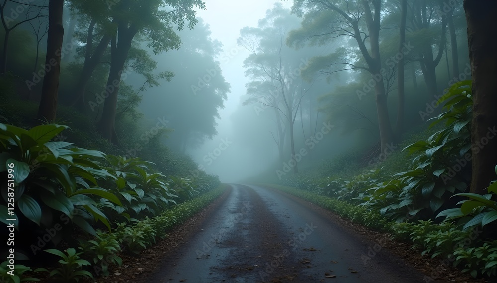 Fototapeta premium Misty forest road surrounded by lush greenery
