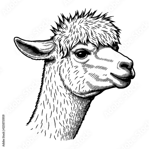 Alpaca Head Detailed Portrait in Black and White Art Style Outline Line Art Drawing