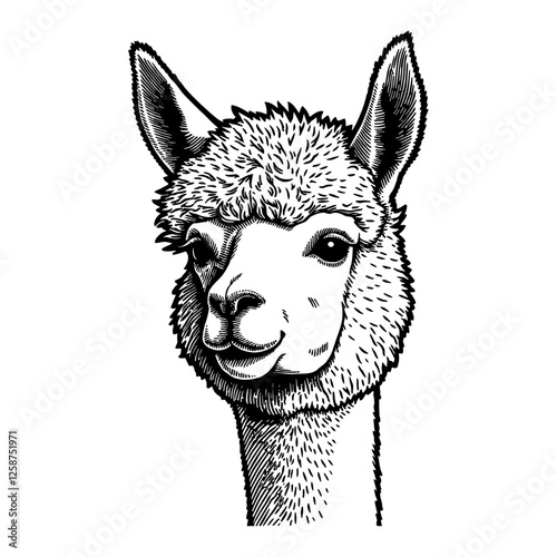 Detailed Alpaca Head Portrait Front View Black and White Outline Line Art Drawing Illustration