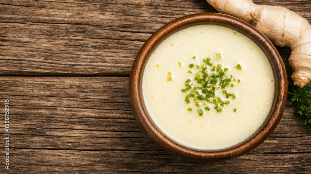Creamy ginger soup served in a wooden bowl with chopped herbs on a rustic wooden table, garnished with fresh ginger root and vibrant colors Creamy ginger soup served in a wooden bowl with chopped herbs on a rustic wooden table, garnished with fresh ginger root and vibrant colors