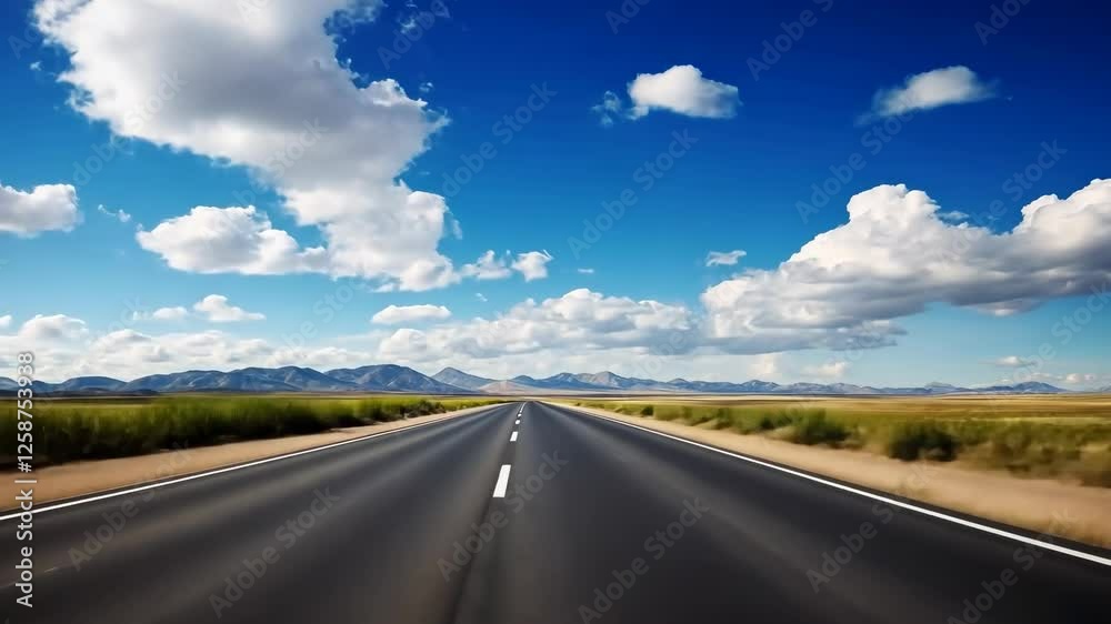 Wide-angle shot of an endless highway under a vibrant blue sky with clouds, capturing a sense of freedom and adventure, ideal for a travel video.