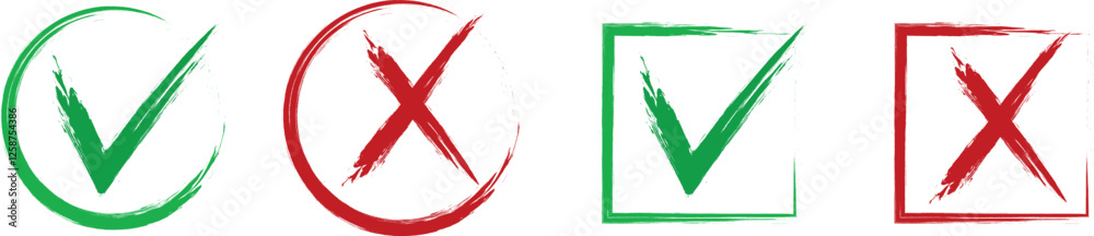 Check mark cross sign in grunge style. Yes and no symbol. Dirty hand drawn brush stroke