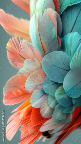 Wallpaper Mural Vibrant Feathers: Close-up on a collection of feathers featuring a beautiful blend of turquoise, orange, and other colorful hues. Torontodigital.ca