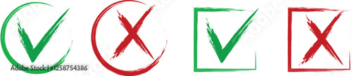 Check mark cross sign in grunge style. Yes and no symbol. Dirty hand drawn brush stroke