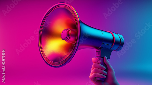 Futuristic metallic neon megaphone held in hand with glowing vibrant pink and blue lighting in modern 3D digital illustration and artistic technology communication concept