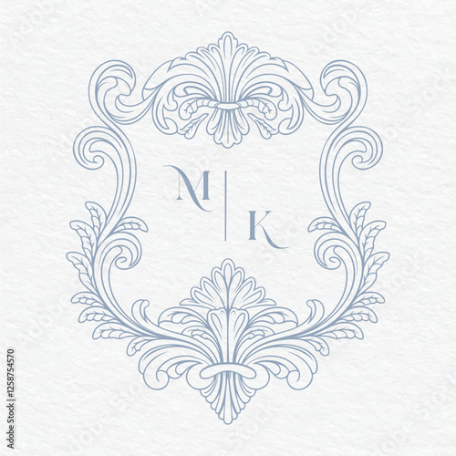 Vintage elegant wedding crest design. Arabesque with scrolls in Baroque style monogram. MK initial wedding monogram crest.