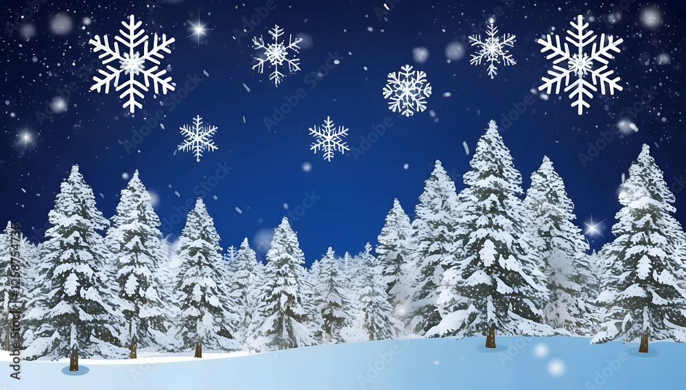 Fototapeta premium Snowy Winter Forest at Night with Falling Snowflakes